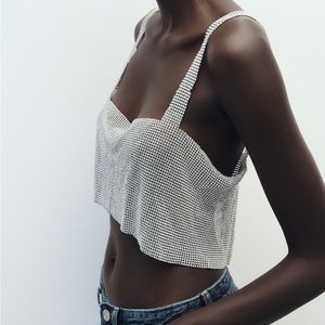 Cropped Rhinestone Crystal Cami Tank in Silver, Size Small